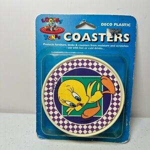VTG 1995 Tweety Looney Tunes Coasters Deco Plastic Set of 4- 4” Made In USA